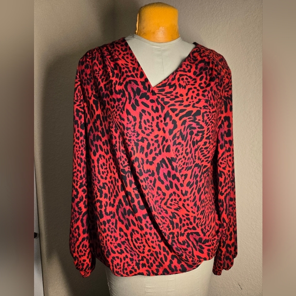 INC Red And Black Leopard Print Faux Wrap Blouse In XL - Picture 1 of 8